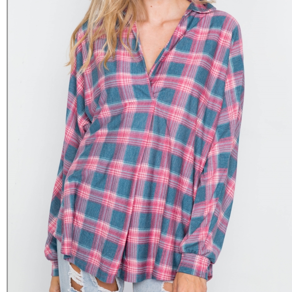 Coverstitch Teal & Red Plaid Flannel Front Knot… - Picture 3 of 9